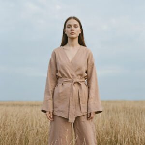 kimono_beige Sieviete, kas valkā smilškrāsas kimono ar brīvu, plūstošu siluetu, lieliski piemērots ikdienas valkāšanai vai meditācijas mirkļiem