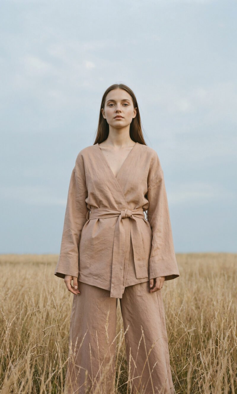 kimono_beige Woman wearing a beige kimono with a loose, flowing silhouette, perfect for everyday wear or meditation moments