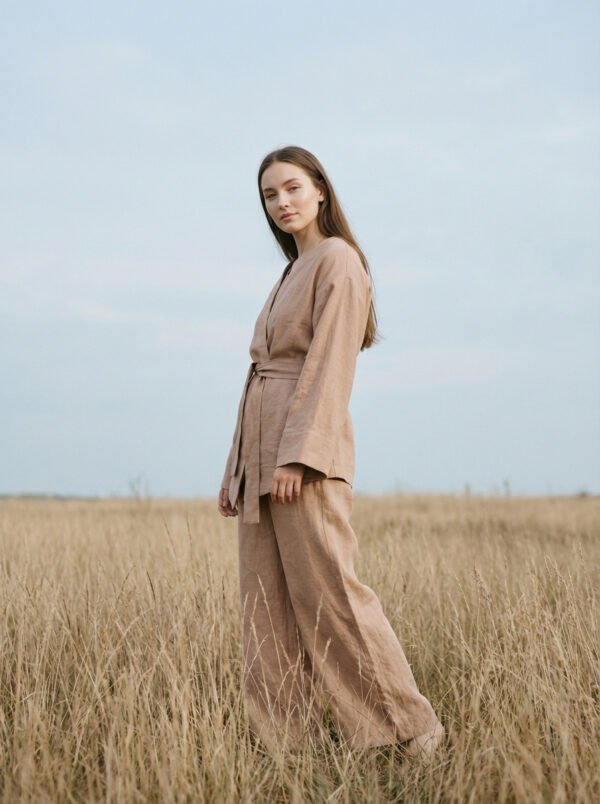 kimono_beige_1 Sieviete, kas valkā smilškrāsas kimono ar brīvu, plūstošu siluetu, lieliski piemērots ikdienas valkāšanai vai meditācijas mirkļiem