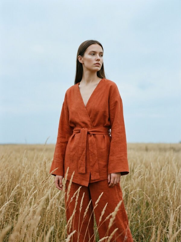 kimono_red Sieviete, kas valkā sarkanu kimono ar brīvu, plūstošu siluetu, lieliski piemērots ikdienas valkāšanai vai meditācijas mirkļiem