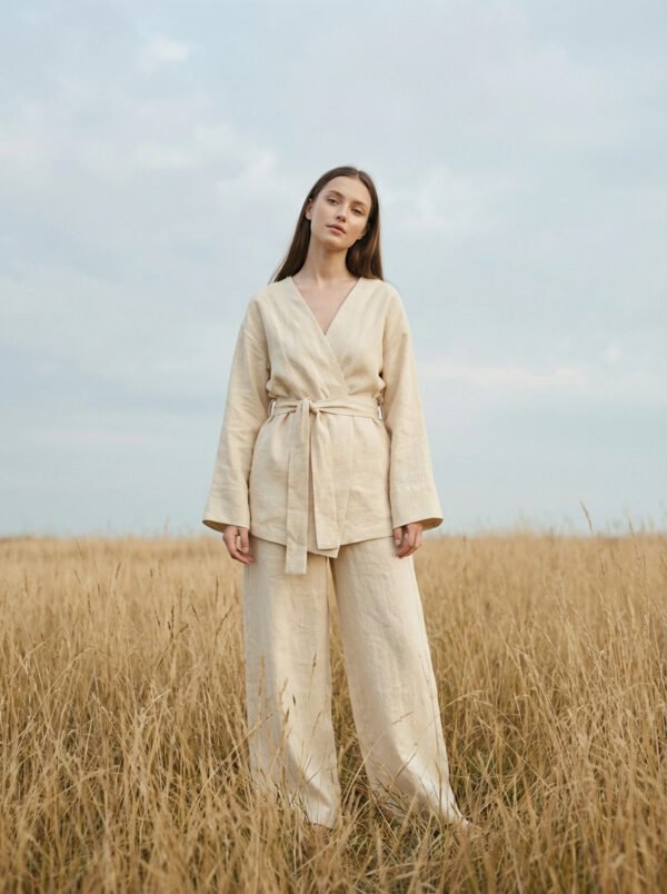 kimono_white Sieviete valkā baltu kimono ar brīvu, plūstošu siluetu, lieliski piemērots ikdienas valkāšanai vai meditācijas brīžiem