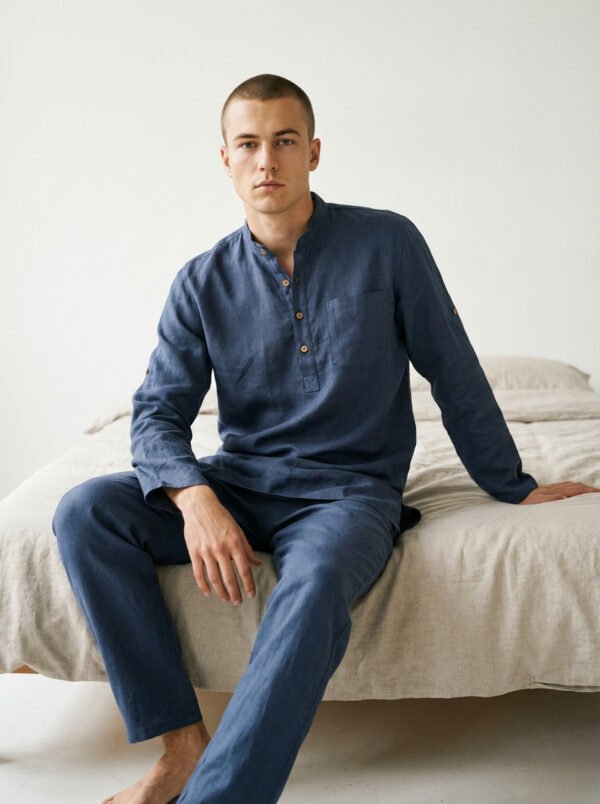 Vīriešu brīva piegriezuma lina tunika zilā krāsā ar minimālisma dizainu ar garām piedurknēm un šķēlumiem sānos, neformāli pāri biksēm, lai radītu relaksējošu, elpojošu izskatu.
