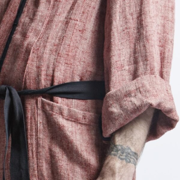 Linen Men's Bathrobe - Red Fishbone