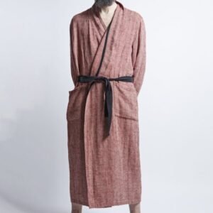 Linen Men's Bathrobe - Red Fishbone