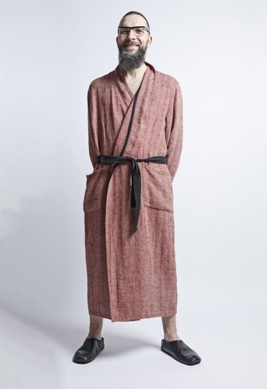 Linen Men's Bathrobe - Red Fishbone