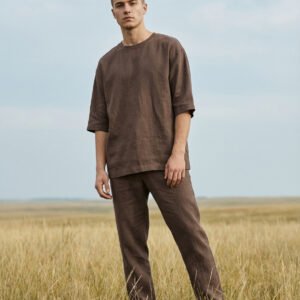 Minimalist linen t-shirt made from 100% natural pre-washed linen, featuring a relaxed fit, breathable lightweight fabric, and a soft, effortless silhouette suitable for everyday wear.
