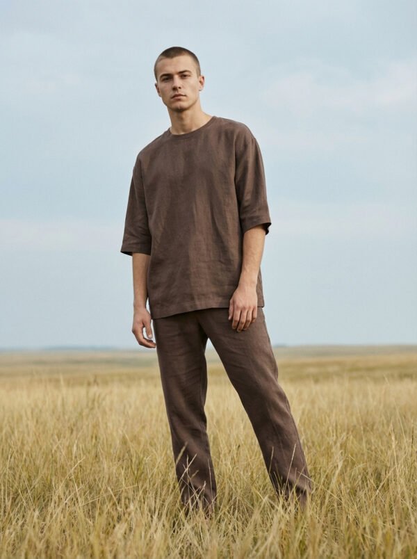 Minimalist linen t-shirt made from 100% natural pre-washed linen, featuring a relaxed fit, breathable lightweight fabric, and a soft, effortless silhouette suitable for everyday wear.