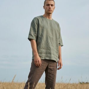 Minimalist linen t-shirt made from 100% natural pre-washed linen, featuring a relaxed fit, breathable lightweight fabric, and a soft, effortless silhouette suitable for everyday wear.