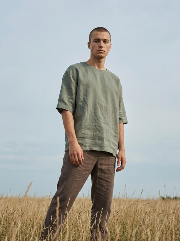 Minimalist linen t-shirt made from 100% natural pre-washed linen, featuring a relaxed fit, breathable lightweight fabric, and a soft, effortless silhouette suitable for everyday wear.