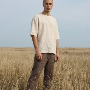 Minimalist linen t-shirt made from 100% natural pre-washed linen, featuring a relaxed fit, breathable lightweight fabric, and a soft, effortless silhouette suitable for everyday wear.