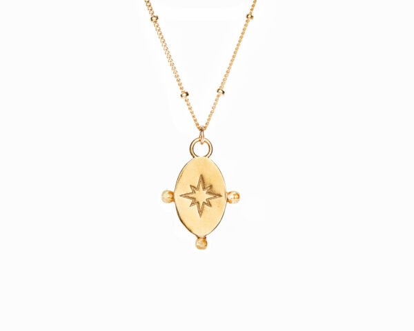 Cosmic-Morning-Star-necklace-gold-plated-925-silver-satellite-ball-chain-front-closer.jpg Rīta zvaigznes kaklarota - zelta