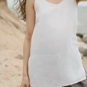 Linen-cami-top-front Front view of a light, airy linen cami top with V-neckline and thin straps, designed for a relaxed and elegant fit.