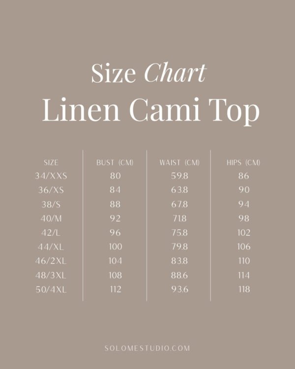 Linen Cami Top size chart Linen Cami Top size chart