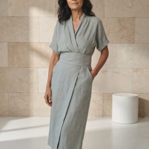Ananda Dress – flowing linen dress with a waist belt, natural fabric texture, relaxed silhouette, feminine and serene design.
