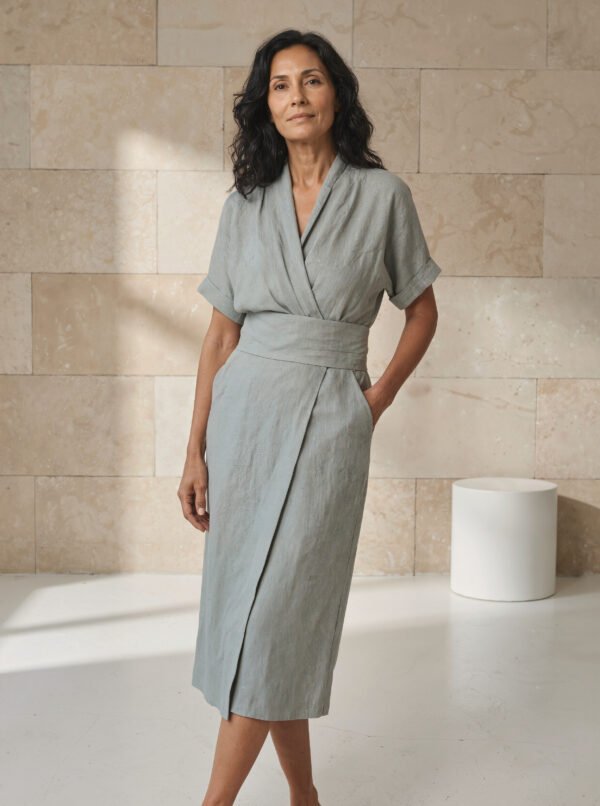 Ananda Dress – flowing linen dress with a waist belt, natural fabric texture, relaxed silhouette, feminine and serene design.