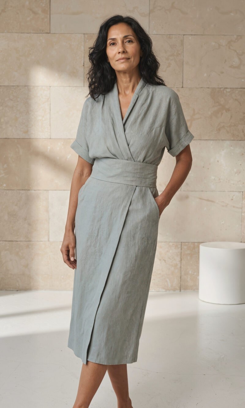 Ananda Dress – flowing linen dress with a waist belt, natural fabric texture, relaxed silhouette, feminine and serene design.