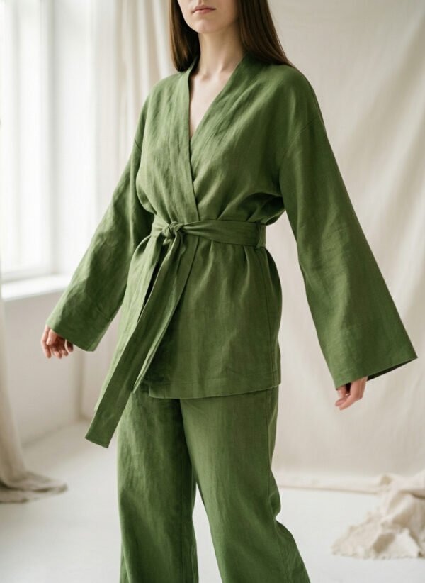apple_green_kimono_1 Elegants ābolu zaļš kimono ar brīvu, plūstošu siluetu un vieglu auduma tekstūru, lieliski piemērots ikdienas valkāšanai un meditācijai