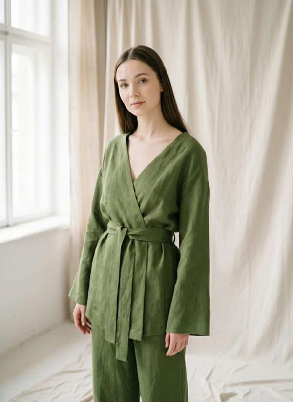 apple_green_kimono_2 Elegants ābolu zaļš kimono ar brīvu, plūstošu siluetu un vieglu auduma tekstūru, lieliski piemērots ikdienas valkāšanai un meditācijai