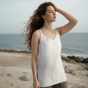 linen-cami-top-2 Front view of a light, airy linen cami top with V-neckline and thin straps, designed for a relaxed and elegant fit.