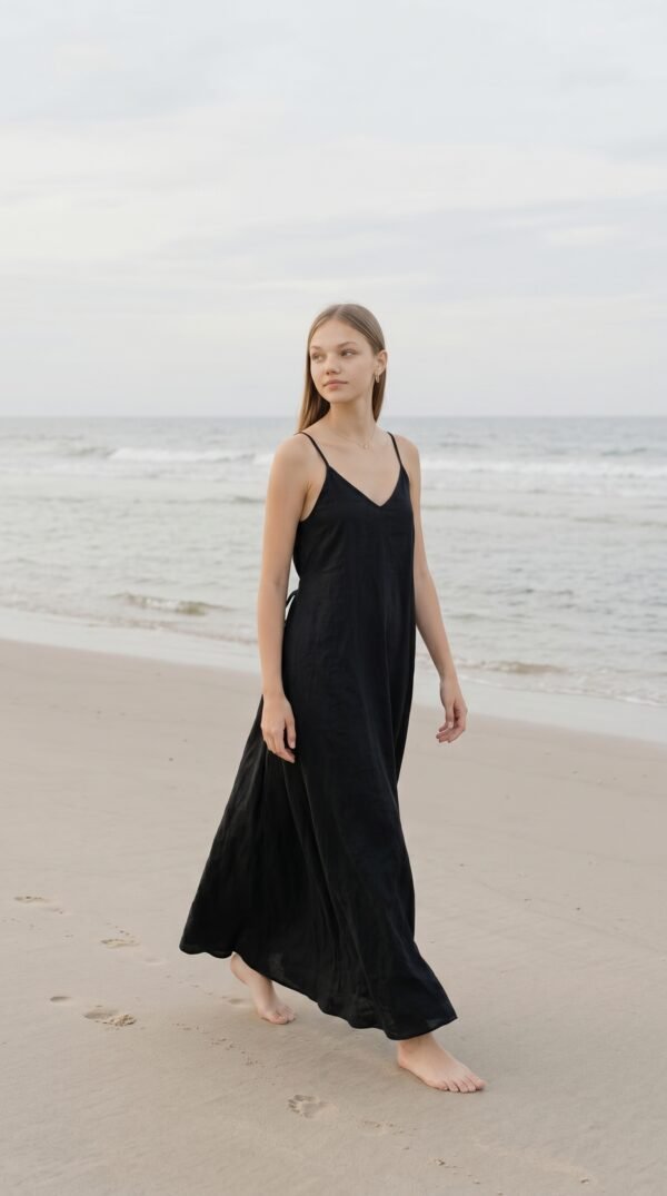 Model wearing black linen cami dress Lila on the beach
