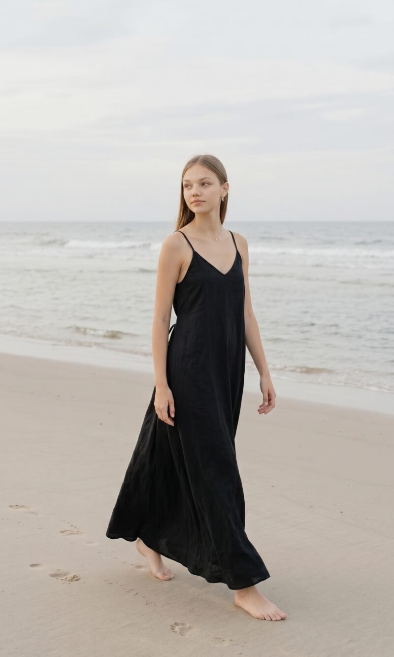 Model wearing black linen cami dress Lila on the beach