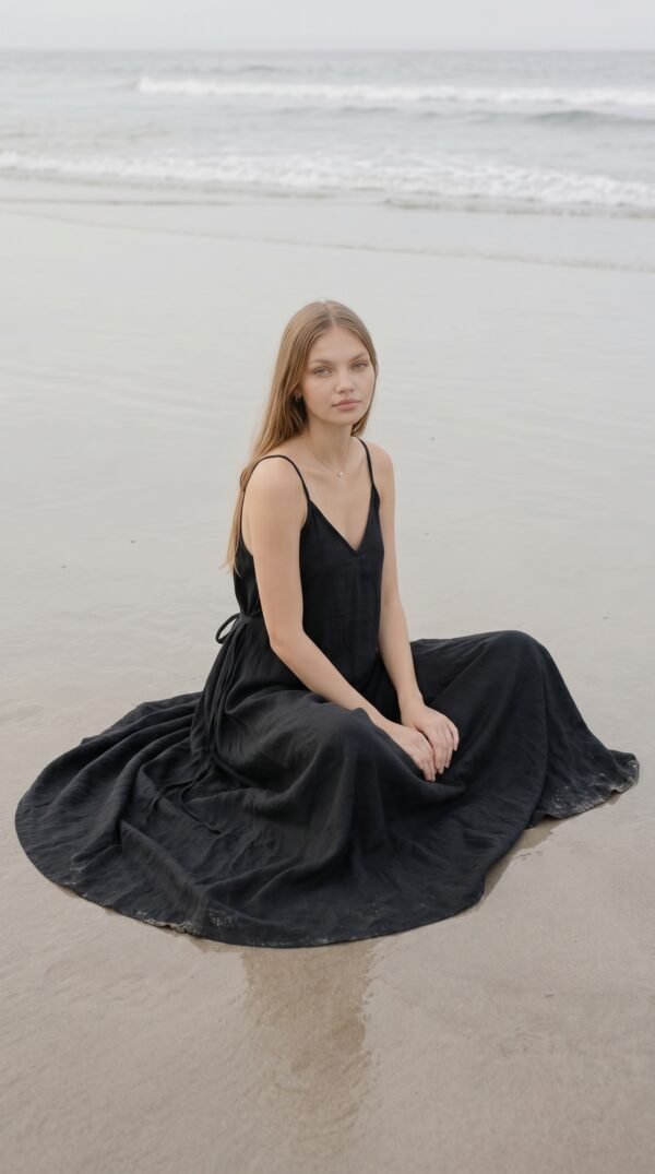 Model wearing black linen cami dress Lila on the beach